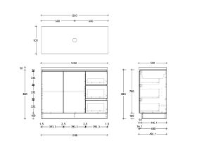 Technical Drawing - Posh Domaine 1200mm Floor Mount Vanity Unit Conventional Single Bowl 50mm Top
