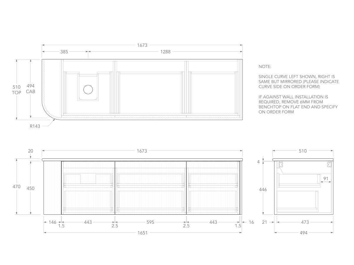 Technical Drawing - Kado Neue Fluted Single Curve All Drawer 1650mm Wall Hung Vanity with Left Hand Basin 20mm Top