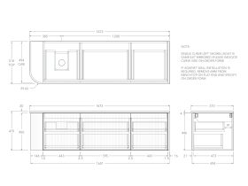 Technical Drawing - Kado Neue Fluted Single Curve All Drawer 1650mm Wall Hung Vanity with Left Hand Basin 20mm Top