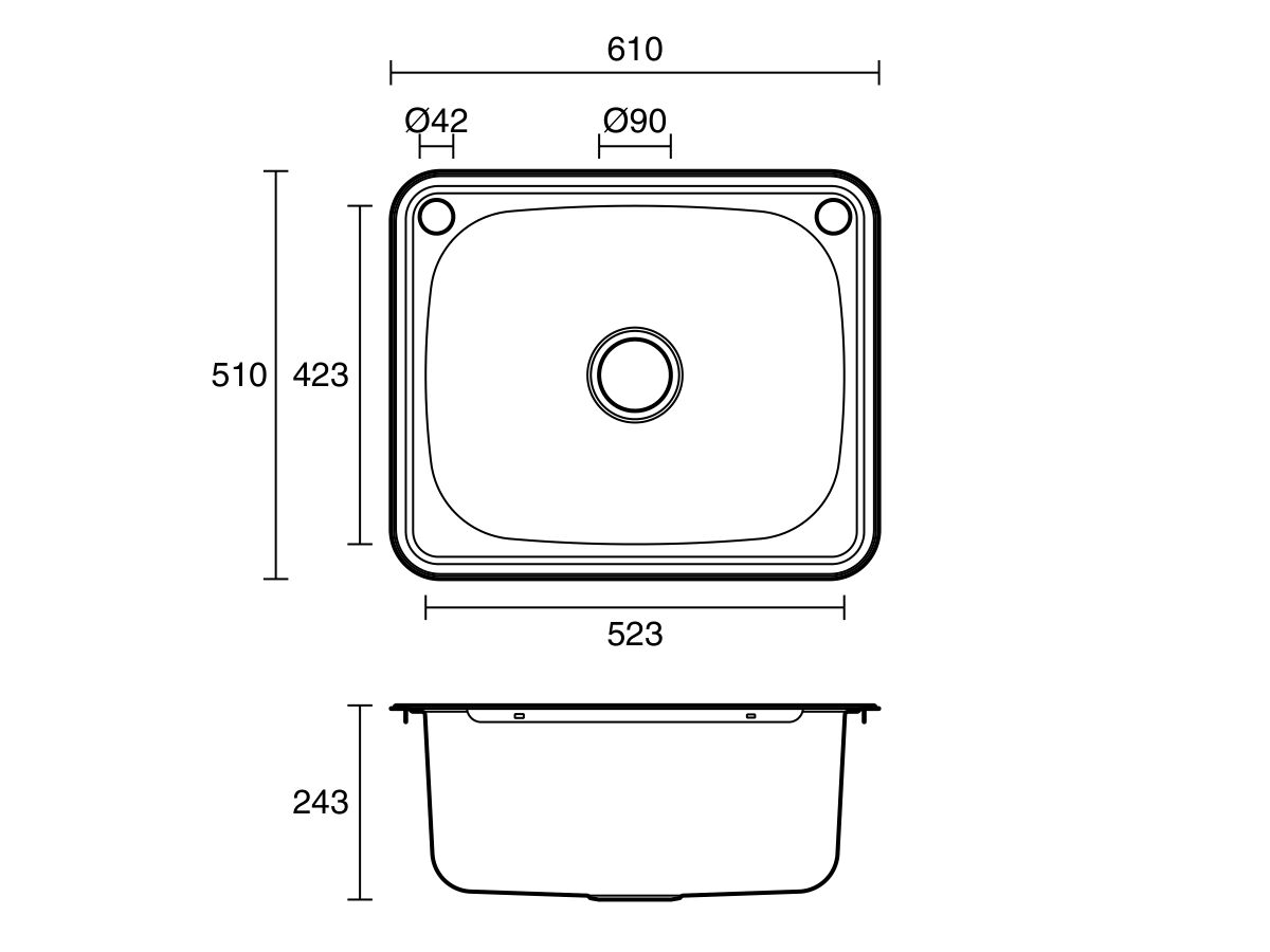 Base Inset Laundry Trough 1 Taphole & Bypass 45 litres Stainless Steel