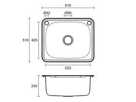 Base Inset Laundry Trough 1 Taphole & Bypass 45 litres Stainless Steel