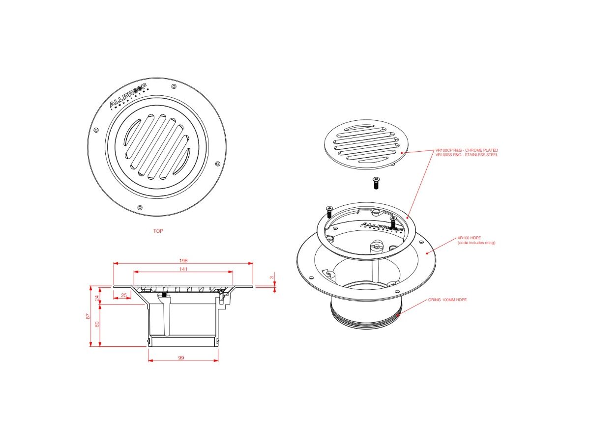 Vinyl Floor Waste Round Open HDPE Complete Chrome Plated Brass 100mm