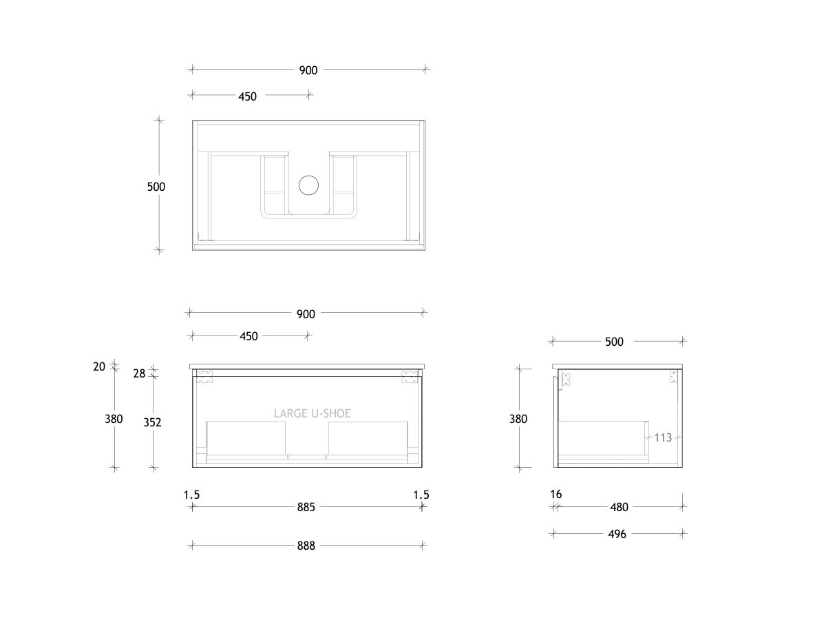 Technical Drawing - Posh Domaine All Drawer 900mm Wall Hung Vanity Centre Basin 20mm Top