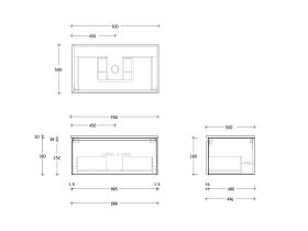 Technical Drawing - Posh Domaine All Drawer 900mm Wall Hung Vanity Centre Basin 20mm Top