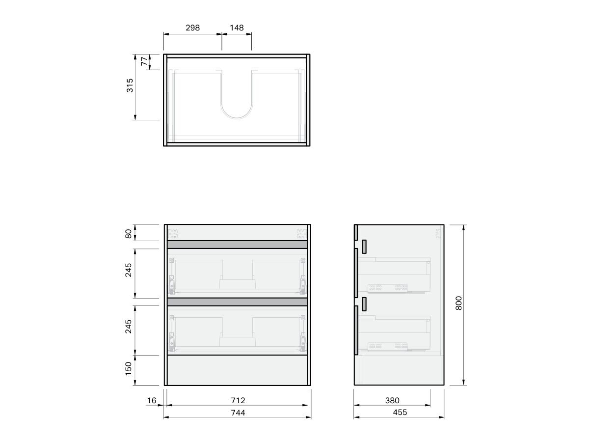 Technical Drawing - Posh Domaine Twin 750 2 Drawer Floor Standing Vanity Mineral Cast