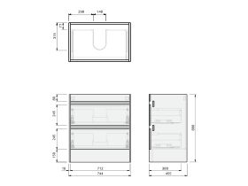 Technical Drawing - Posh Domaine Twin 750 2 Drawer Floor Standing Vanity Mineral Cast