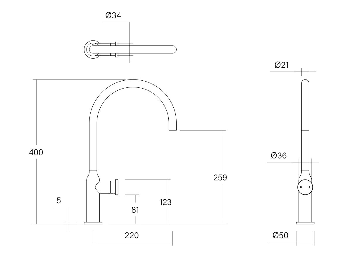 Technical Drawing - Faucet Strommen Vara Disc Gooseneck Sink Mixer Tap (4 Star) Lead Free