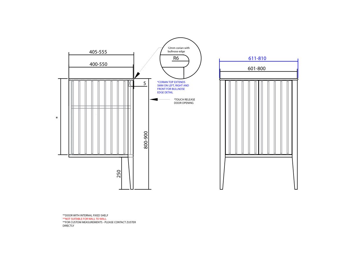 ISSY Custom Cloud I 601-800mm x 400-550mm x 800-900mm Vanity Unit with Legs 2 Touch Latch Doors Semi Inset (No Basin)