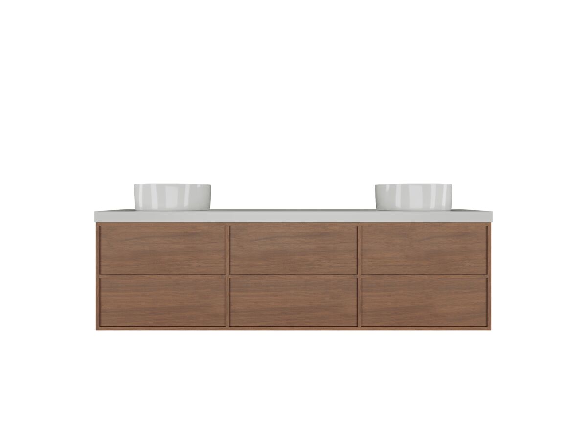 Supporting Image - Kado Aspect Wall Hung Vanity Unit 1800mm Double Bowl 6 Drawer Caesarstone Mineral 50mm Top - Florentine Walnut