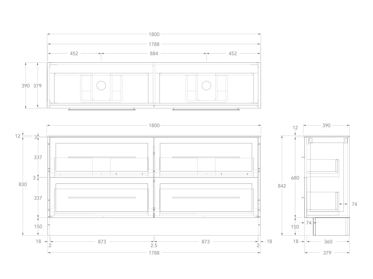 Technical Drawing - Kado Lux Ensuite All Drawer Twin 1800mm Floor Mount Double Basin 12mm Durasein Top