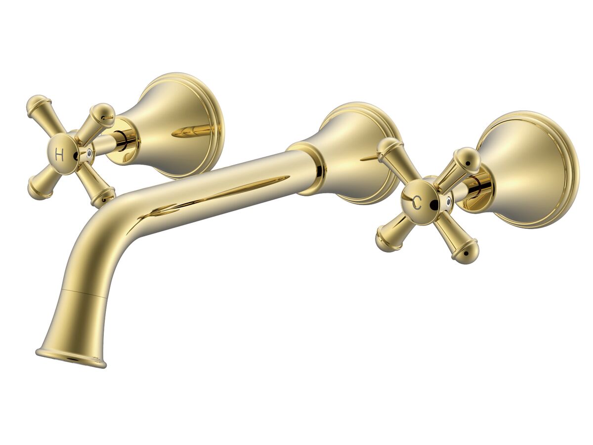 Posh Canterbury Wall Basin Set 220mm Cross Handles Polished Brass Gold ...