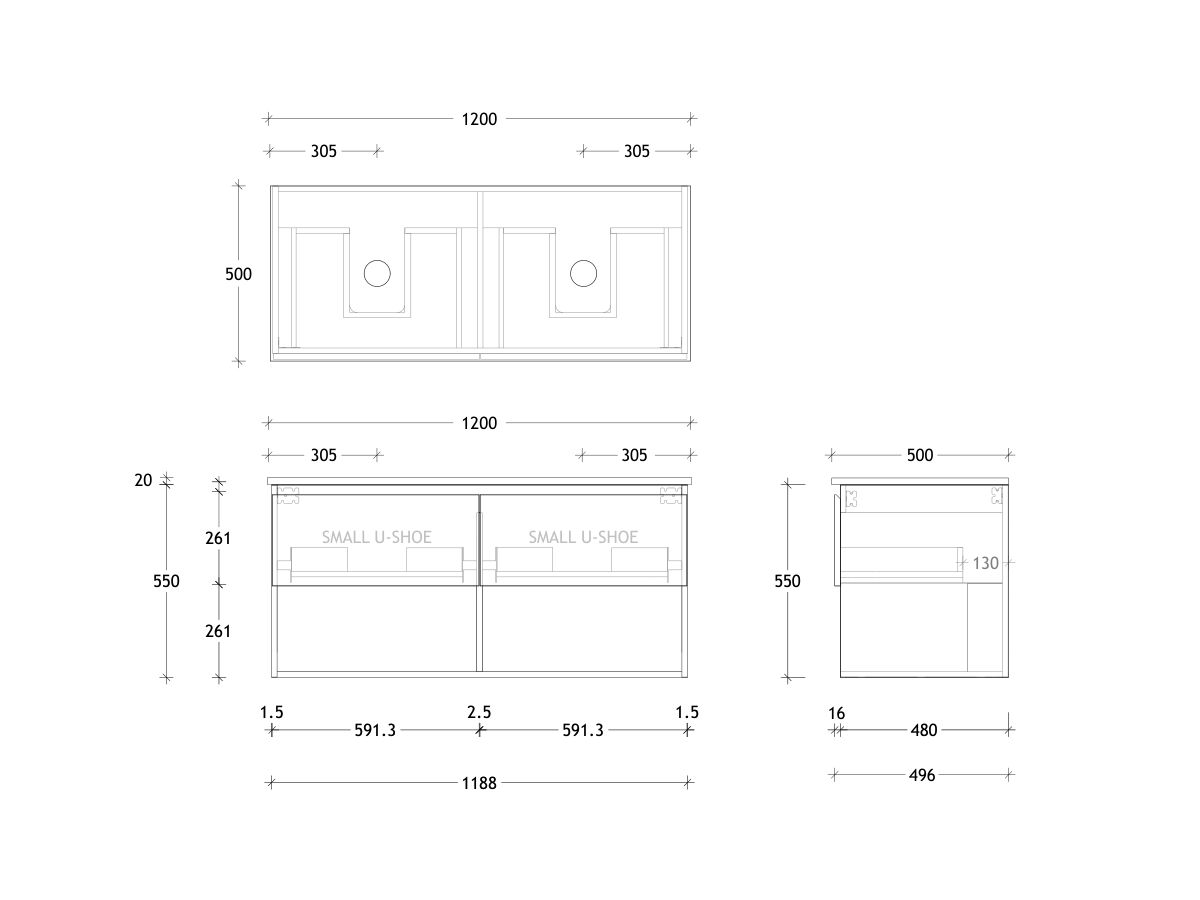 Technical Drawing - Posh Domaine All Drawer with Shelf 1200mm Wall Hung Vanity Double Basin 20mm Top