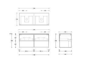 Technical Drawing - Posh Domaine All Drawer with Shelf 1200mm Wall Hung Vanity Double Basin 20mm Top