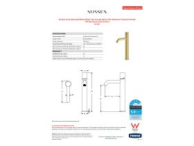 Specification Sheet - Sussex Pure Extended Basin Mixer Tap Curved Spout with Diamond Textured Handle PVD Brushed Gold (5 Star)
