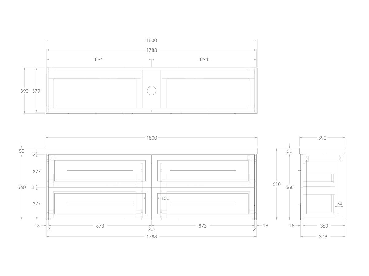 Technical Drawing - Kado Lux Ensuite All Drawer Twin 1800mm Wall Hung Centre Basin 50mm Top