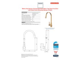 Specification Sheet - Memo Sia Sensor Gooseneck Sink Mixer Tap Dual Function Left Hand Lever Brushed Brass (4 Star)