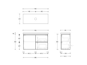 Technical Drawing - Posh Domaine 900mm Ensuite Wall Hung Vanity Unit 50mm Top