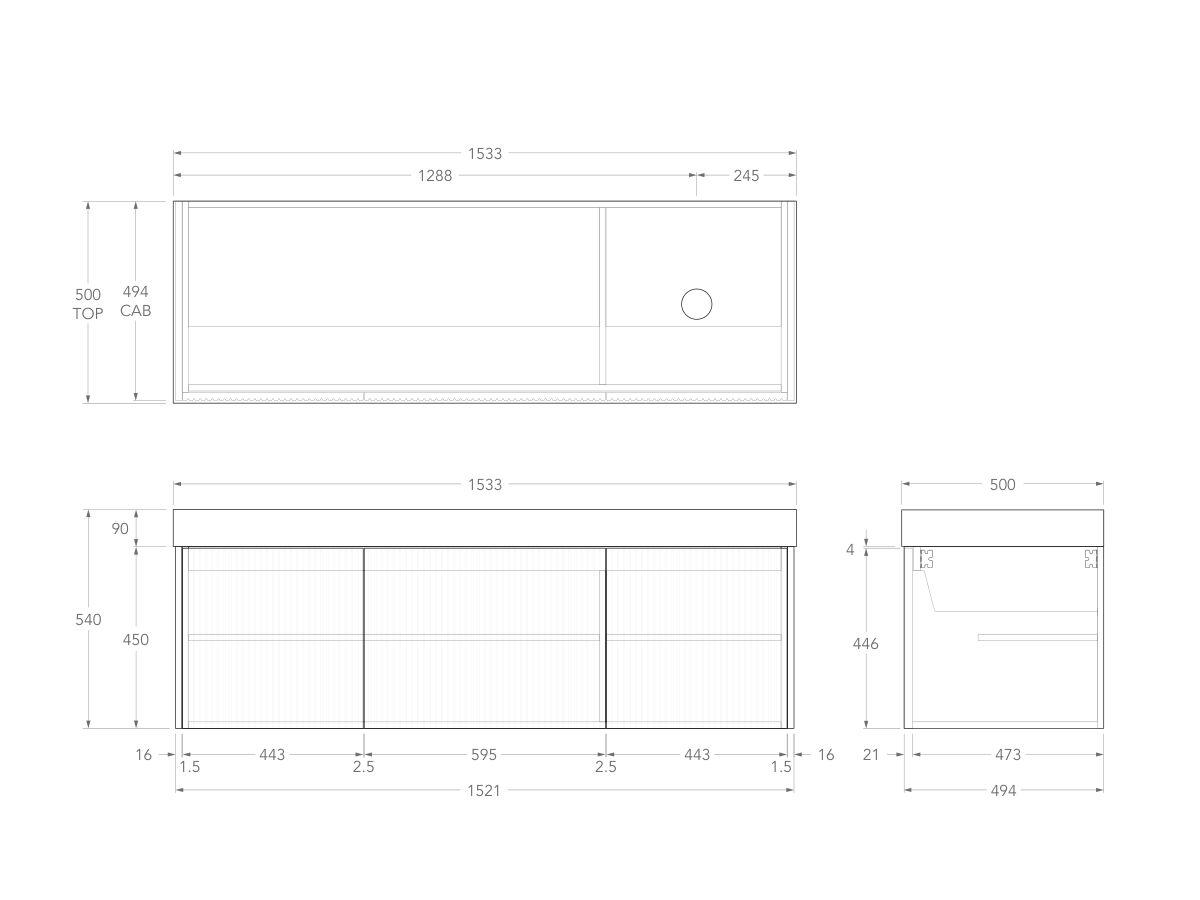 Technical Drawing - Kado Neue Fluted Square All Door 1500mm Wall Hung Vanity with Right Hand Basin 90mm Top