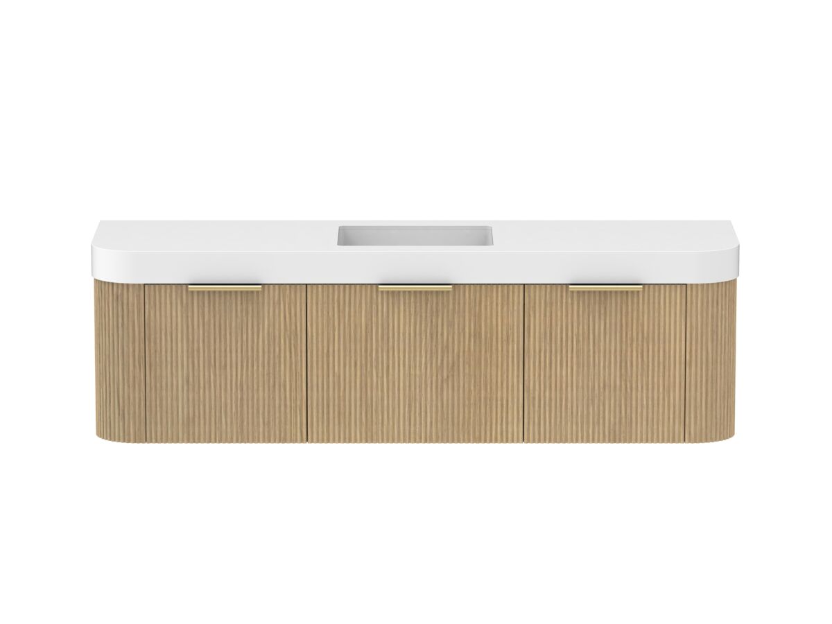 Supporting Image - Kado Neue Fluted Double Curve All Drawer 1800mm Wall Hung Vanity with Centre Basin Durasein 90mm Top Boston Oak