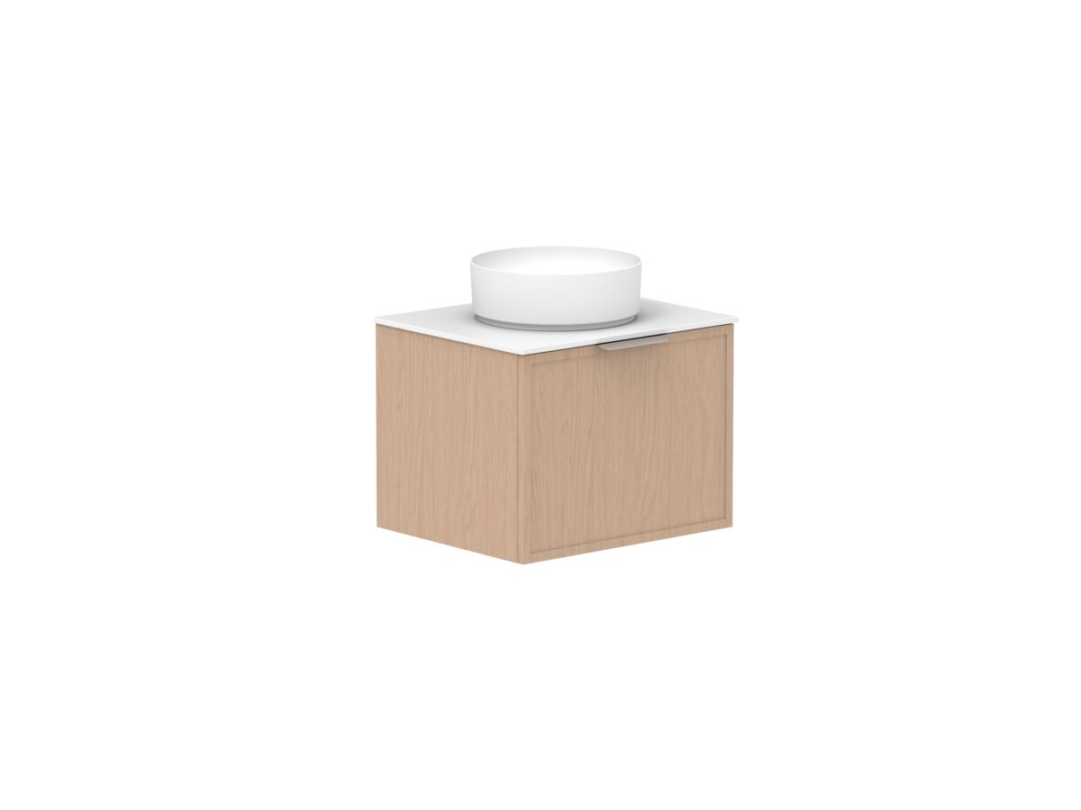 Supporting Image - Kado Lux Slim All Drawer 600mm Wall Hung Vanity with Centre Basin Durasein 12mm Top Blonde Oak