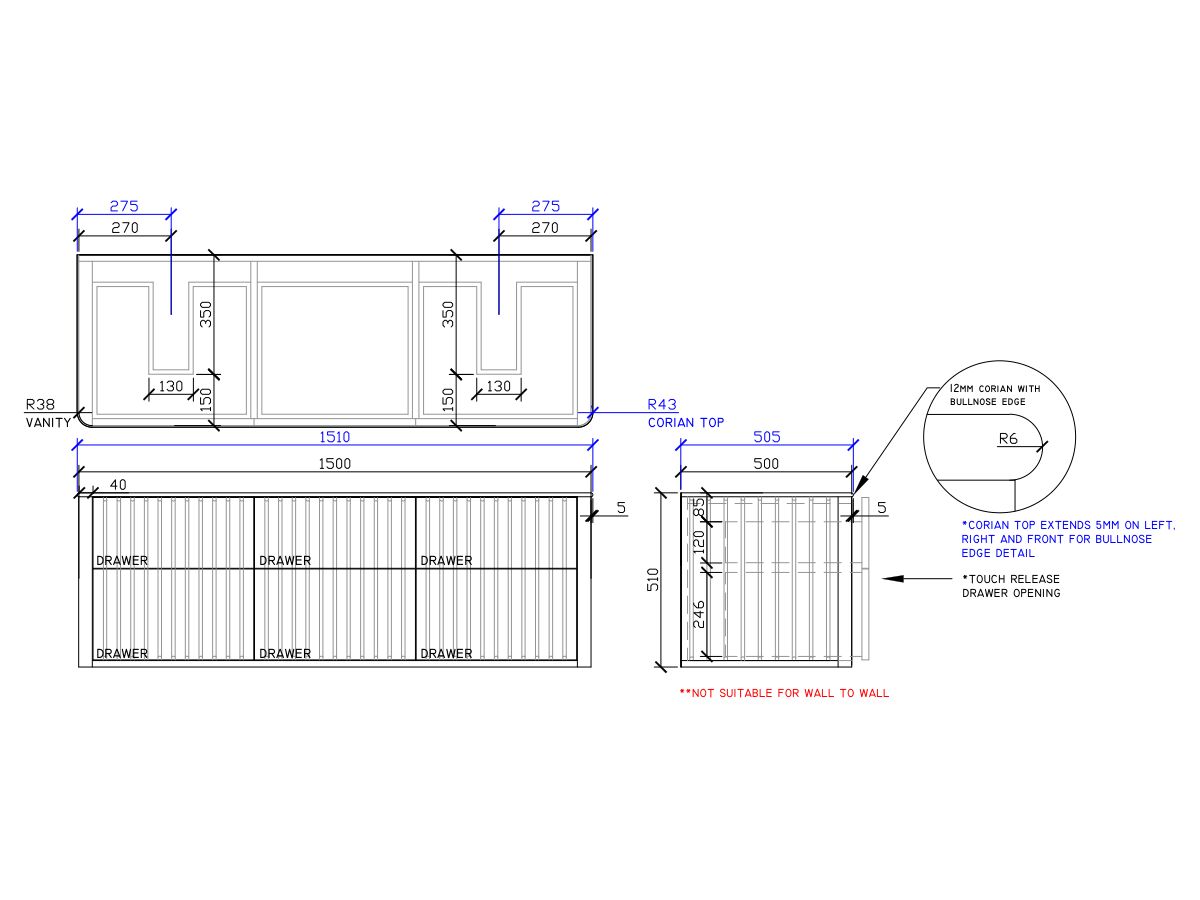 ISSY Cloud II 1500mm x 500mm x 510mm Wall Hung Vanity Unit 6 Touch Latch Drawers (No Basin)