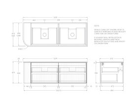 Technical Drawing - Kado Neue Fluted Single Curve All Drawer 1350mm Wall Hung Vanity with Double Basin 20mm Top