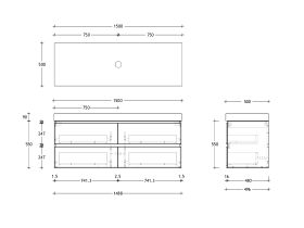 Technical Drawing - Posh Domaine 1500mm Wall Hung Twin Vanity Unit All-Drawer Single Bowl 90mm Top
