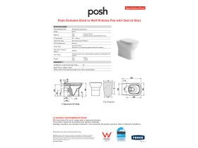 Specification Sheet - Posh Domaine Back to Wall Rimless Pan Soft Close Quick Release Seat (4 Star)