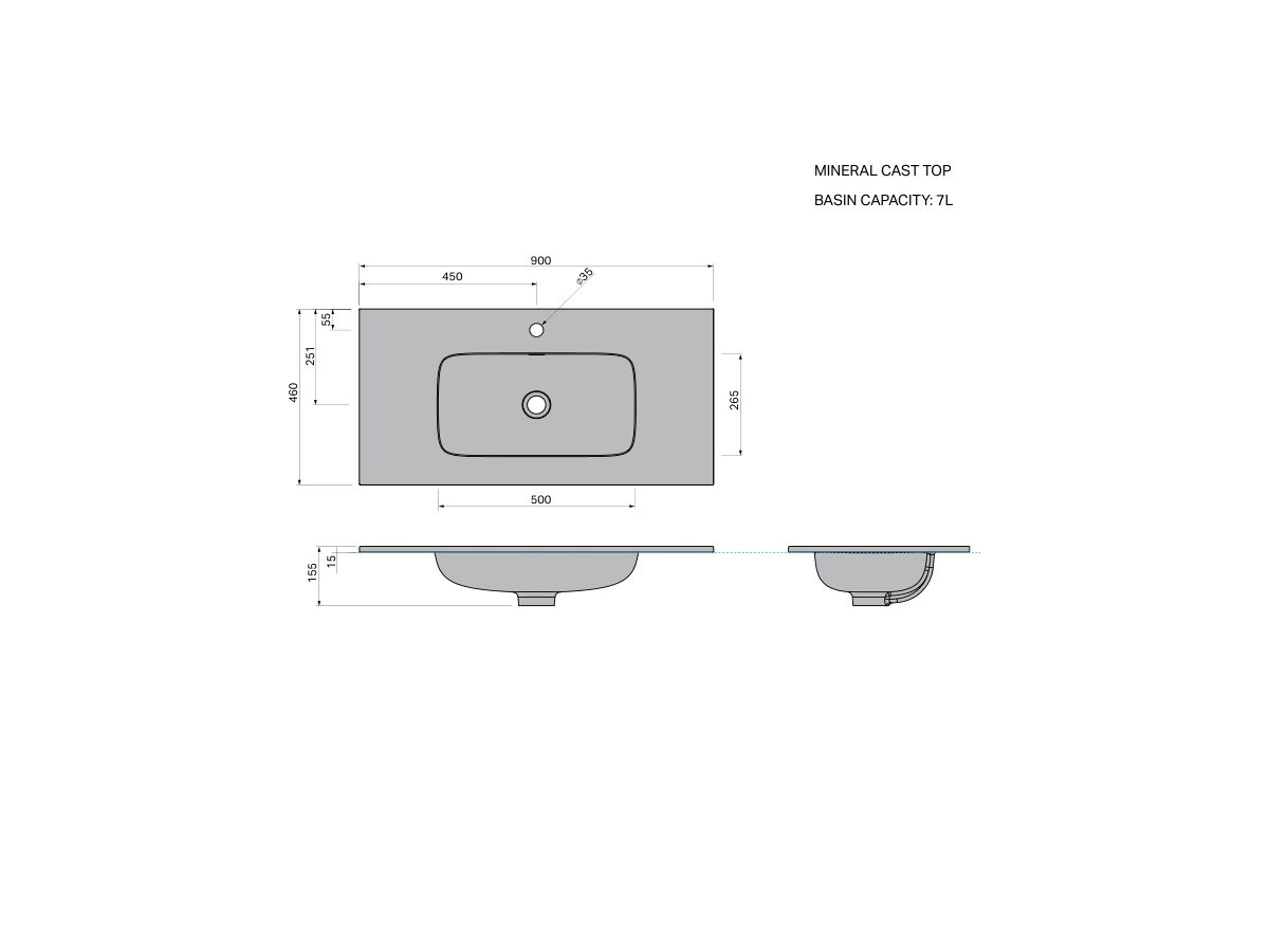 Technical Drawing - Posh Domaine Mineral Cast Top 900mm
