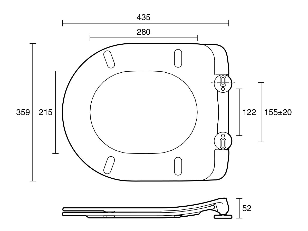 Technical Drawing  - Kado Lussi Rimless Soft Close Quick Release Seat White