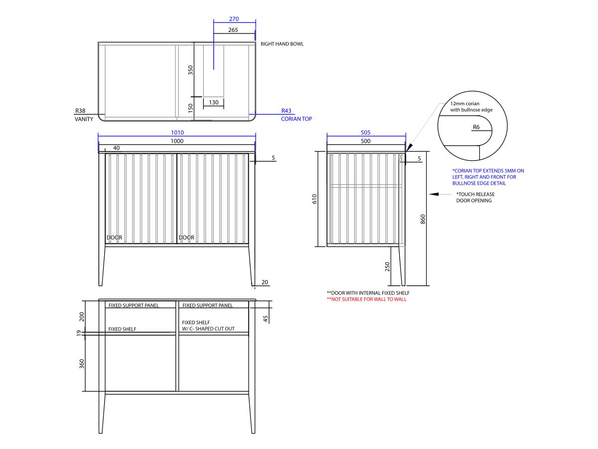 ISSY Cloud I 1000mm x 500mm x 860mm Vanity Unit with Legs 2 Touch Latch Doors Semi Inset (No Basin)