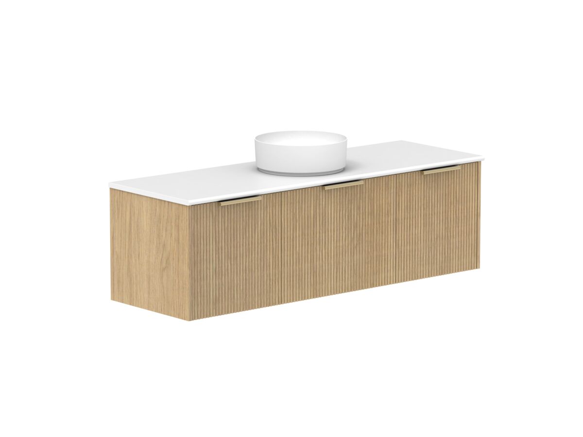 Supporting Image 2- Kado Neue Fluted Square All Drawer 1500mm Wall Hung Vanity with Centre Basin 20mm Top Boston Oak