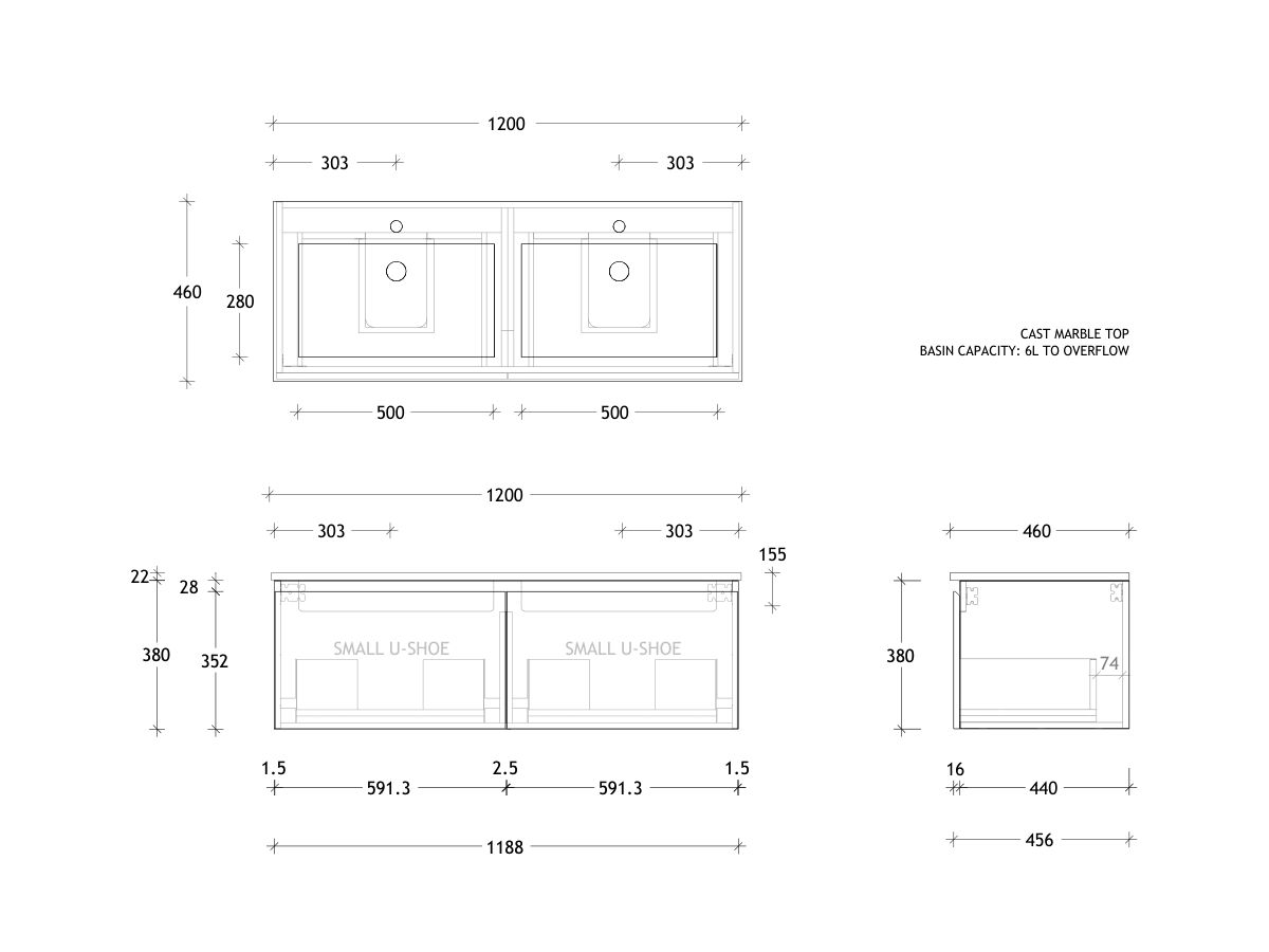 Posh Domaine All-Drawer 1200mm Double Bowl Wall Hung Vanity Cast Marble Top