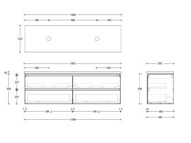 Technical Drawing - Posh Domaine 1800mm Wall Hung Twin Vanity Unit All-Drawer Double Bowl 50mm Top