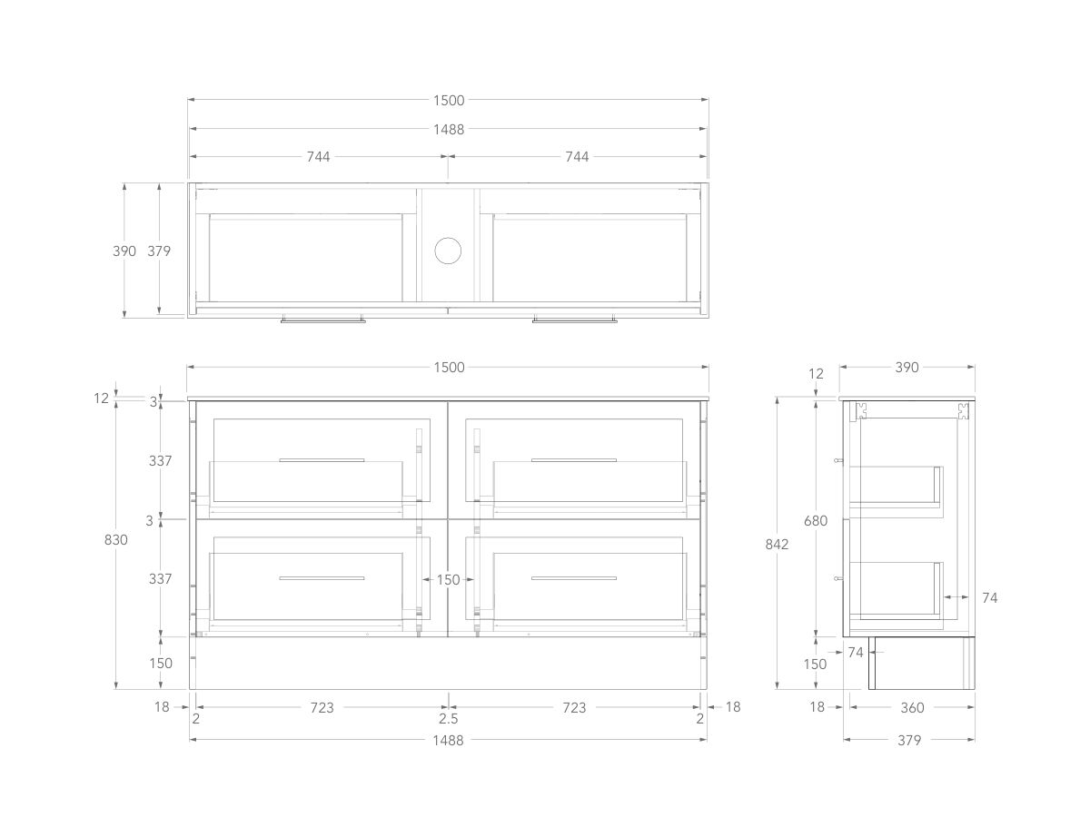 Technical Drawing - Kado Lux Ensuite All Drawer Twin 1500mm Floor Mount Centre Basin 12mm Durasein Top