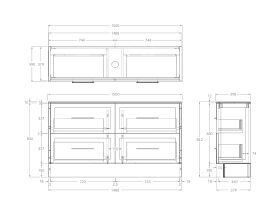 Technical Drawing - Kado Lux Ensuite All Drawer Twin 1500mm Floor Mount Centre Basin 12mm Durasein Top