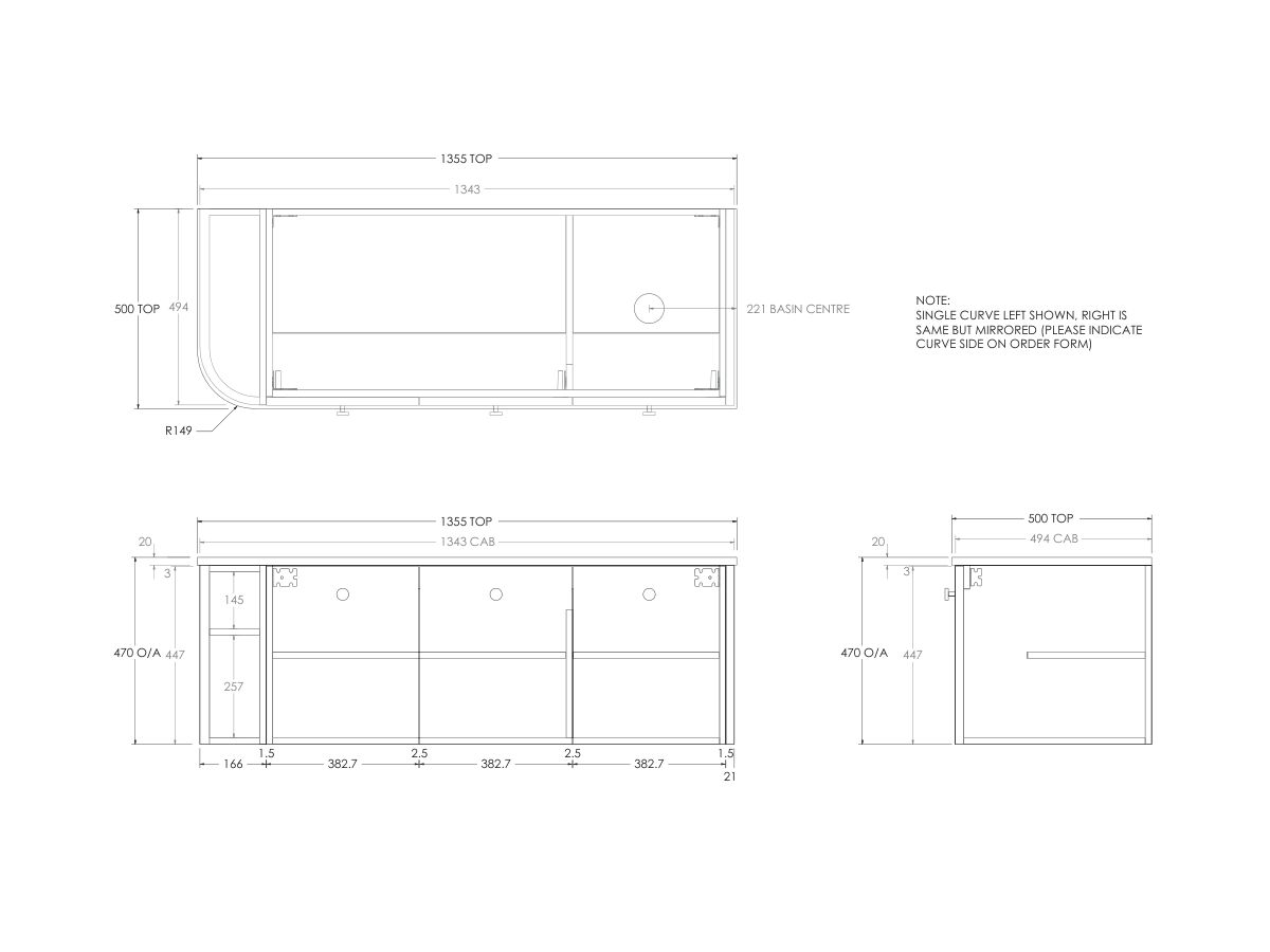 Technical Drawing - Kado Era Single Curve All Door 1350mm Wall Hung Vanity with Right Hand Basin 20mm Top