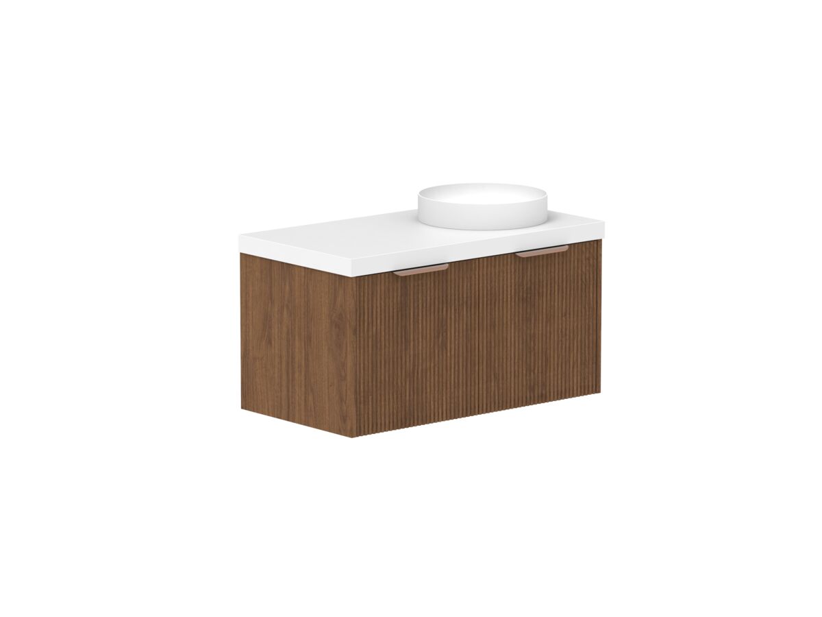 Hero - Kado Neue Fluted Square 900mm Wall Hung Vanity with Right Basin 50mm Top Florentine Walnut