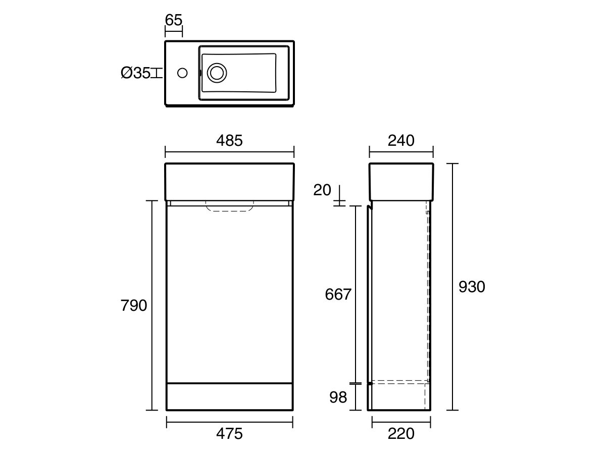Technical Drawing - Posh Solus 485mm Powder Room Vanity Unit with Kick Right Hand Bowl 1 Taphole White