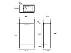 Technical Drawing - Posh Solus 485mm Powder Room Vanity Unit with Kick Right Hand Bowl 1 Taphole White
