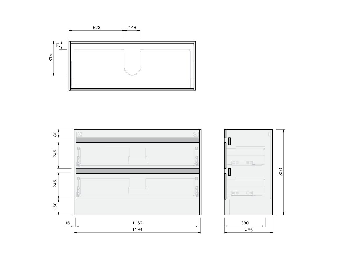 Technical Drawing - Posh Domaine Twin 1200 2 Drawer Floor Standing Vanity Mineral Cast