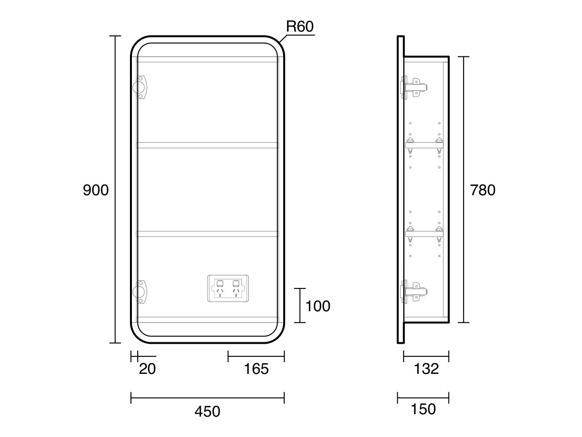 Technical Drawing - Kado Lux Framed Mirror Shaving Cabinet 450mm x 900mm