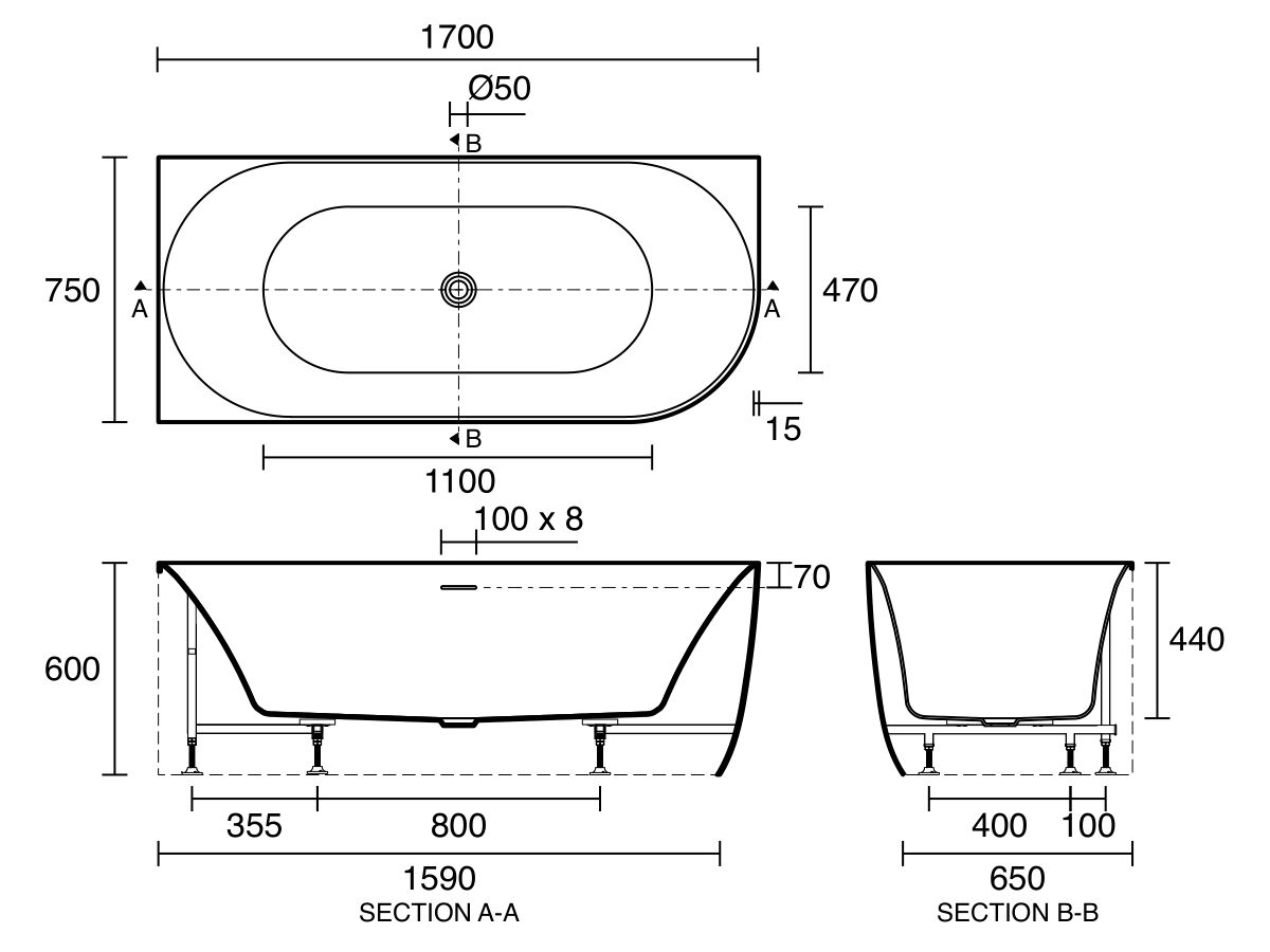 Technical Drawing - Posh Solus Back to Corner Freestanding Bath 1700mm Left Corner with Overflow