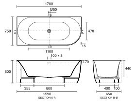 Technical Drawing - Posh Solus Back to Corner Freestanding Bath 1700mm Left Corner with Overflow
