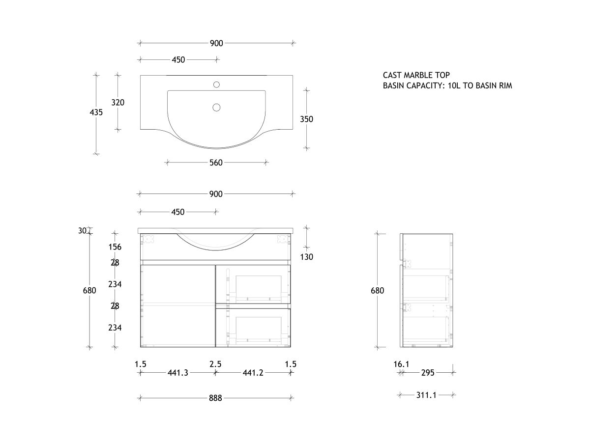 Posh Domaine Semi-Recessed 900 Centre Wall Hung Cast Marble