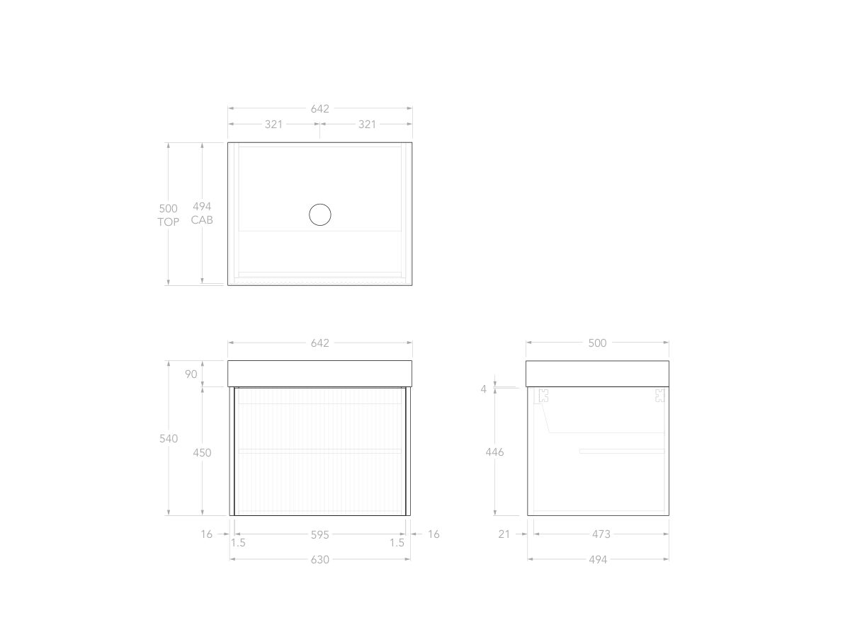 Technical Drawing - Kado Neue Fluted Square All Door 600mm Wall Hung Vanity with Centre Basin 90mm Top