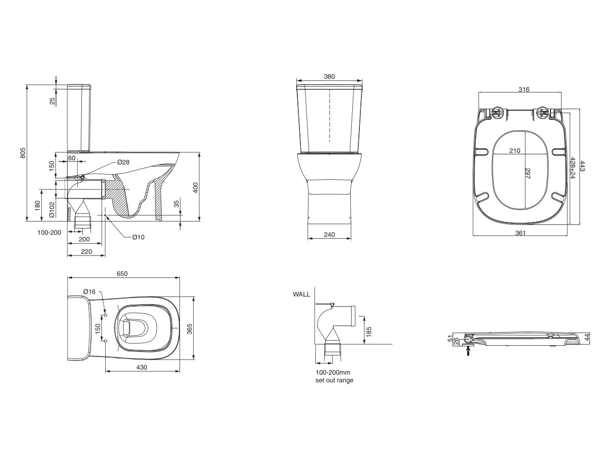 Posh Domaine Rimless Close Coupled Back to Wall Toilet Suite Bottom Inlet with Soft Close Quick Release Seat (4 Star)