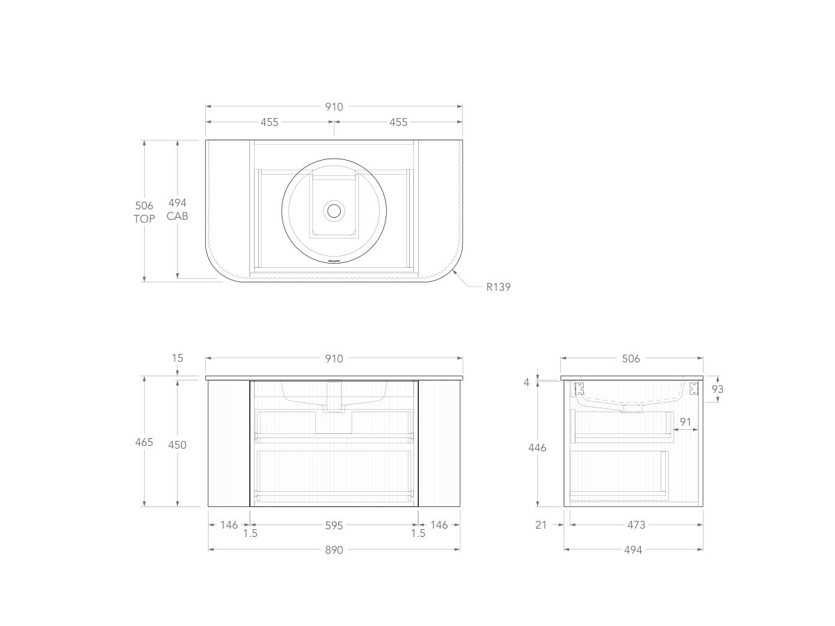 Technical Drawing - Kado Neue Fluted Double Curve All Drawer 900mm Wall Hung Vanity Centre Basin Matte White Ceramic Top