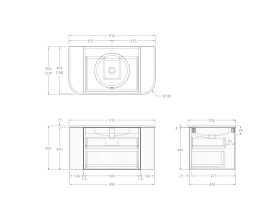 Technical Drawing - Kado Neue Fluted Double Curve All Drawer 900mm Wall Hung Vanity Centre Basin Matte White Ceramic Top