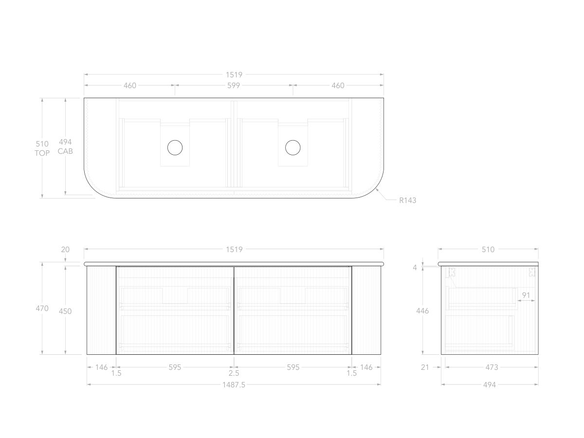 Technical Drawing - Kado Neue Fluted Double Curve All Drawer 1500 Wall Hung Vanity With Double Basin 20mm